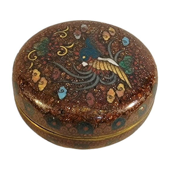 Antique 19th C. Japanese Cloisonné Sparkle Mica Phoenix Round Jewlrey Box Rare - Picture 2 of 11